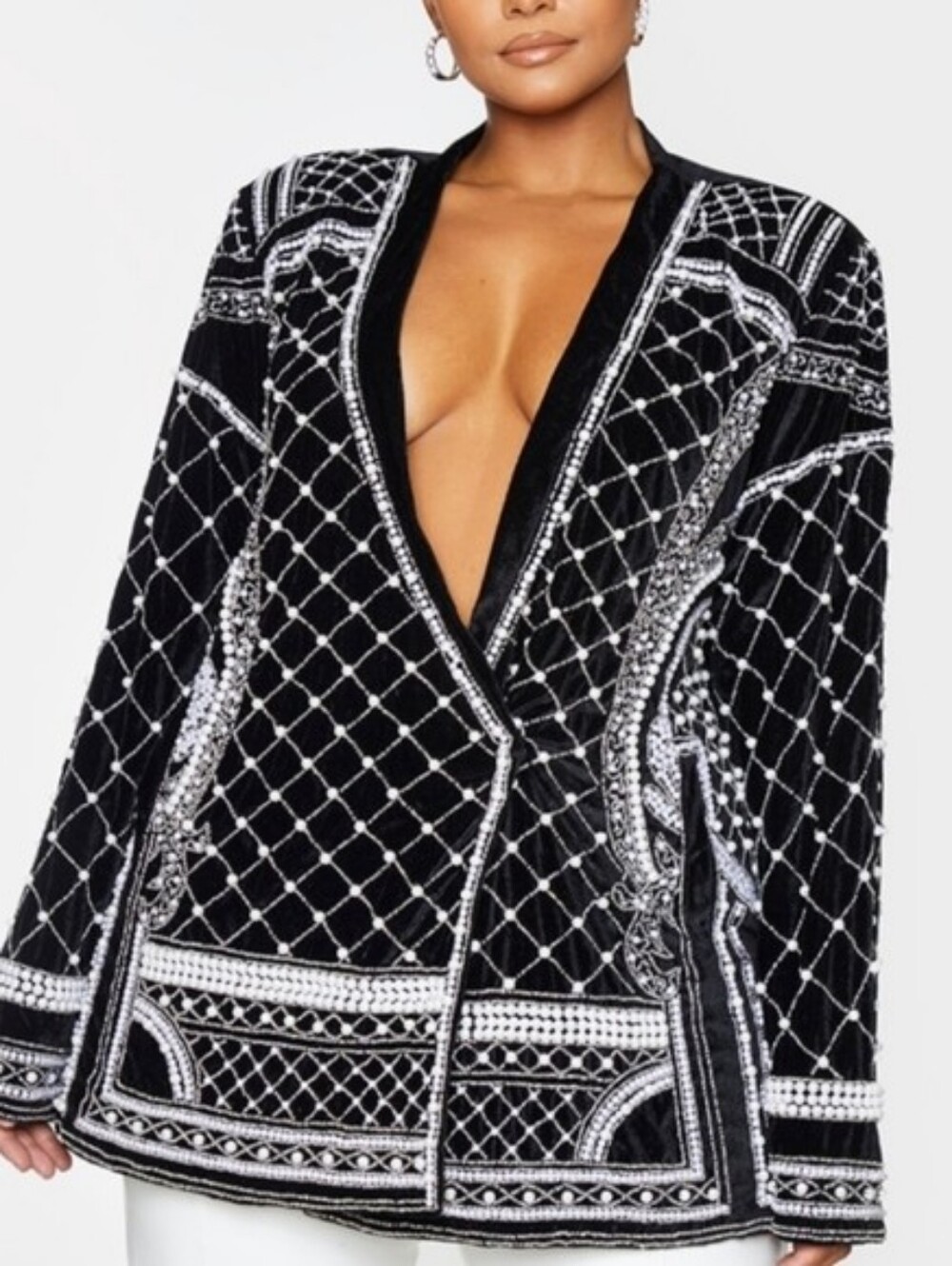 PrettyLittleThing Black Velvet Embellished Blazer Jacket
